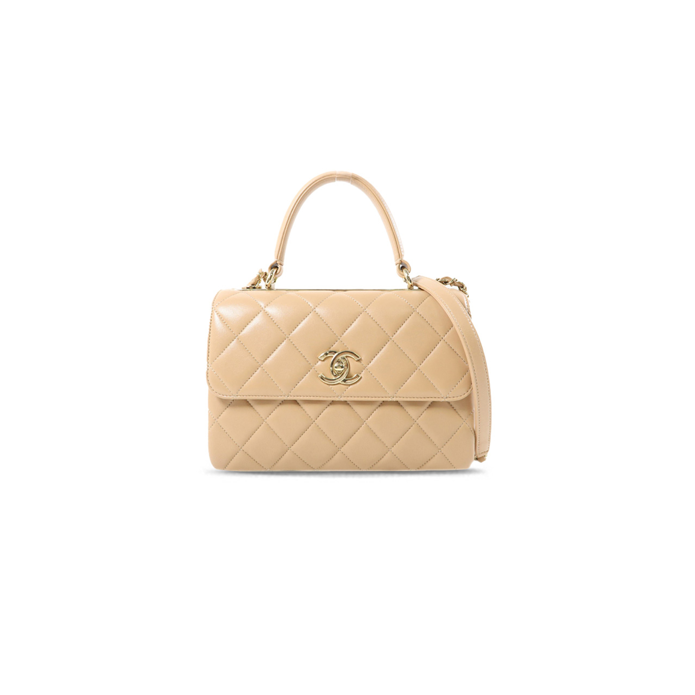 CHANEL COWHIDE LEATHER CHAIN SHOULDER GOLD BUCKLE HANDLE SHOULDER BAG BEIGE  (25*17*9cm)